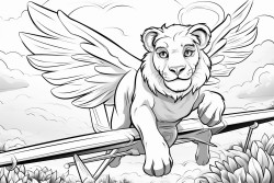 a lion mascot flying an airplane over a park