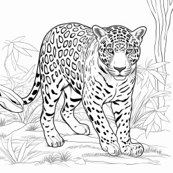 jaguar walking stealthily through the trees of a jungle the main attraction is the jaguar it must be big and majestic