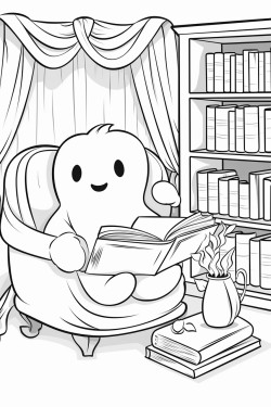 a friendly ghost sipping tea in a cozy candlelit room filled with books and soft pillows