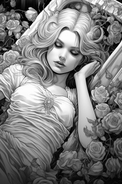 vampire in flowing white gown looking at viewer lying in coffin filled overflowing with white roses