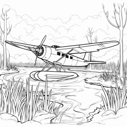 a swamp scene with an old airplane flying above
