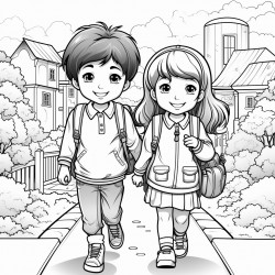 two kindergarten students are happily going to school with the kindergarten school in the background