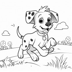 a spotted black and white dog running through the field of green grass