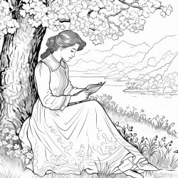 a victorian young woman reading a book under a tree by a beautiful river in spring