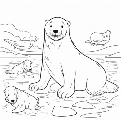 a seal swimming in the sea with polar bears on the shore