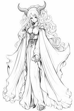 tiefling with hooves anime style with a long dress and a longer robe with a hood long wavy hair