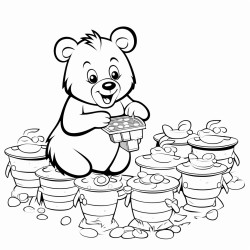 bear struggle stealing honey from beehive with full of buzzing bees