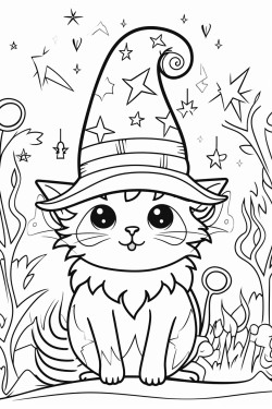 cute cat in a wizard hat magical forest