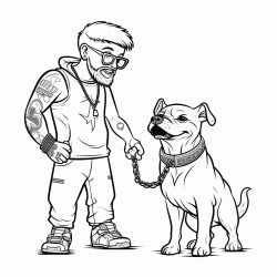 thin bald punk with a beard playing with boxer lab dog with cute chubby woman wearing glasses