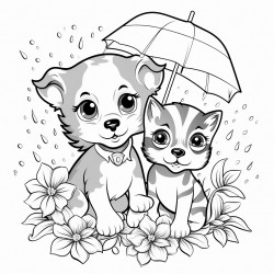 puppy and kitten playing in rain surrounded by plants and flowers and rain