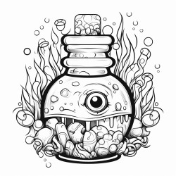 potion bottle with eyeball inside crystals and herbs