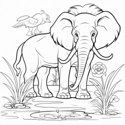 a lion watching an elephant drink water with a wolf hiding in the bushes