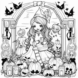 a coloring page doodle style for the spooky season for the girls with a cozy vibe