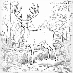 create a blackandwhite coloring page of a peaceful forest scene featuring a deer standing among trees the deer should have bold welldefined outlines with large open spaces for easy coloring the background trees and plants should be simple yet clear keeping the focus on the deer