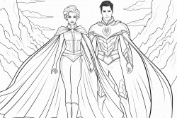 adult woman with short hair and long skirt and handsome villian man wearing a black cape in fantasy  background style