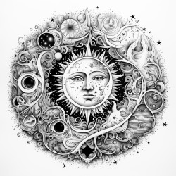 10 mandala of sun and moon phases with celestial rays      starting with a central sun and moon each phase radiates outward in a circular formation with celestial rays that blend into swirling clouds and stars around the edges mandela style page size 11 x 85 x 004 inches