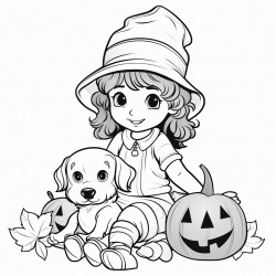 little girl sitting on a pumpkin holding a puppy