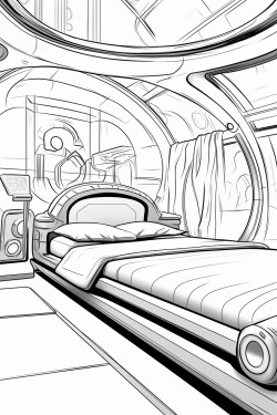 an expensive futuristic hotel room from the future with a bed and windows in space
