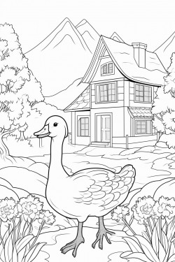 a geese in switzerland landscape with a quaint stone house surrounded by flowers and a cypress tree