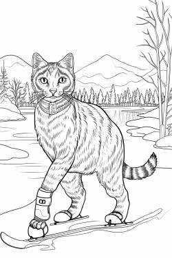 black cat wearing ice skates over a frozen lake in the woods