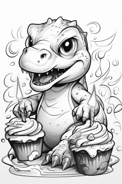 can you draw the outlines of a cute dinosaur trying to blow his birthday cakes candles