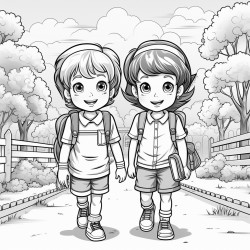 two kindergarten students are happily going to school with the kindergarten school in the background