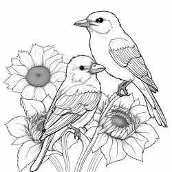 little birds sitting on a big sunflower an eating the seeds