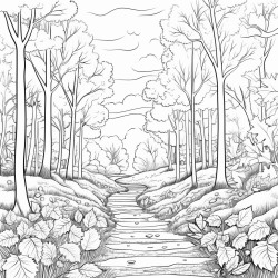 create a blackandwhite coloring page of a forest path blanketed in fallen leaves outline trees with bold clear lines and scatter leaves along the path and forest floor show varied leaf shapes to add interest but keep large spaces