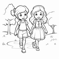 two girls holding hands walking on a path