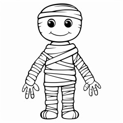 image with black lines on a white background illustrating a friendly mummy with bandages wrapped around its body for coloring in large coloring book style no solid fill ample white space for easy coloring ideal for kids coloring books enhanced line clarity
