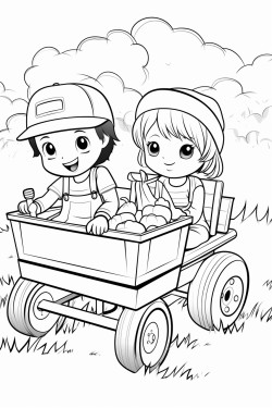 a cute hayride with friends  coloring bookvector white background black and white black drawing