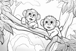 coloring book design there were two monkeys climbing a tree in the forest