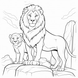 a lion and a lioness standing in a rock