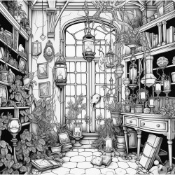 the inside of an occult store with books candles crystals and potions on the shelves a large window with potted plants in the windowsill a stone floor and wisteria hanging from the cieling