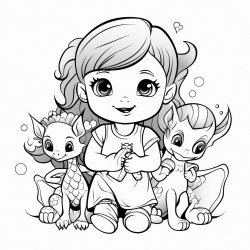 little girl with baby dragons rainbows