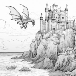 castle on a rocky hill over the water with a dragon flying out of the water