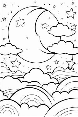 a cute celestial dreamscape  coloring bookvector white background black and white black drawing