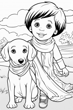 daschund dog wearing a paisley bandana with toddler boy playing outside