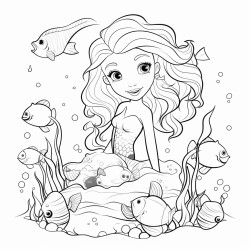 bolt and simpel black and wite coloring page of cute mermaid sarounded by sea creachers and seashells clipart style