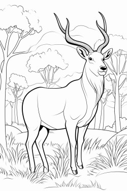 a tamaraw standing in a clearing in a forest with tall trees and shrubs around it