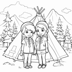 girls inside teepee in forest few pine trees  with mountains in background clouds in sky show faces of girls