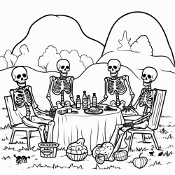 image with black lines on a white background illustrating skeletons enjoying a picnic in a graveyard for coloring in large basic shapes coloring book style no solid fill large white space for easy coloring ideal for kids enhanced line clarity