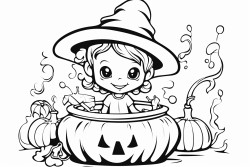 a retro pumpkin dresses as a witch stirring a cauldron with a spoon in a room full of potions