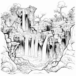 a dark waterfall cascading down jagged rocks surrounded by dead trees and crumbling statues