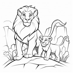 a lion and a lioness standing on a big rock