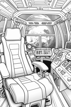 futuristic cabin of a spaceship in space with screens with a helm and with a bed
