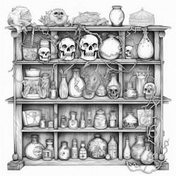 an alchemists cabinet filled with mysterious bottles skulls and ancient scrolls