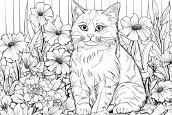 a cat between flowers and leaves in a huge garden