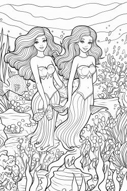 mermaids swimming among colorful coral reefs
