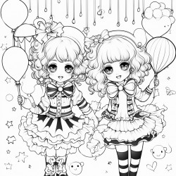 kawaii clowns with balloons and presents rainbows
